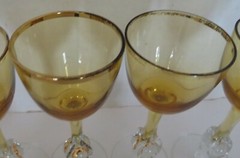 6 VTG Czechoslovakia Atlas Amber Gold Trim & Ball in Stem Cordials-4 3/4″