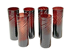 VTG Hand Blown Art Glass Tumbler Ribbed Spiral Amethyst Purple 7″ Tall Set of 6