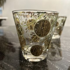 3-Vtg Culver MCM 22K Gold Coins & Ivy Lowball Whiskey Barware Glasses 4″