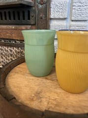 Set of 3 Mixed Colors Hazel-Atlas Fine Ribbed Platonite 9 oz. Tumbler glass 4″