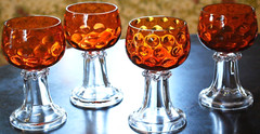 Set 4 Hand Blown ORANGE OPTIC COIN DOT GLASS Water Goblets EMPOLI ITALY 1960s