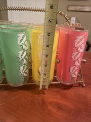 Vintage Tom Collin’s White Grapes Green, Yellow & Pink Frosted 8 Glasses/Carrier