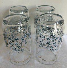 Vintage Retro Floral Drinking Glasses Set 4 Blue Mustard Yellow Tumblers 12 Oz