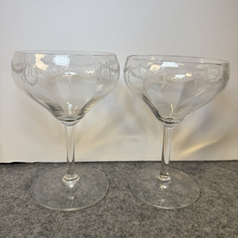 2 Antique Central Glass Works Etch 14 Optic Water Goblets Wine Tall StemGlasses