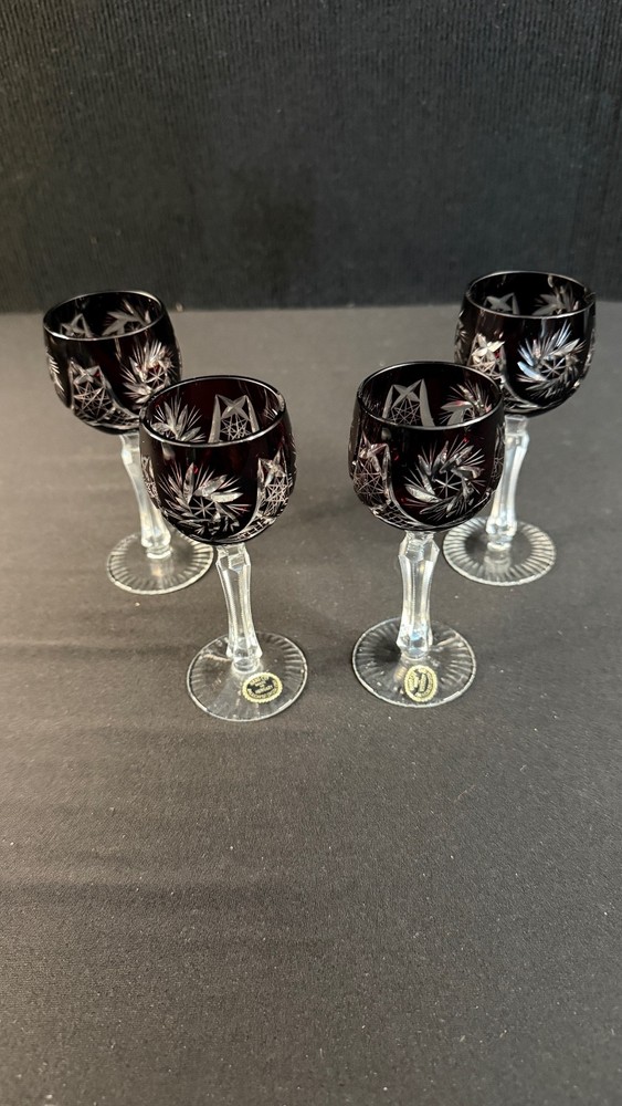 VInatge Set of 4 Ruby Red Cut to Clear Hungarian Wine Goblets