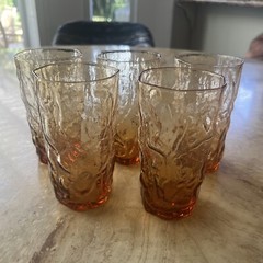 VTG Amber Glass Tumbler Set Mid-Century Crinkle Texture 5 PCs- 5 3/16″