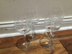 4 Vintage grey Etched Floral Hand Blown Romanian Long Stem Wine Glasses 7.75»