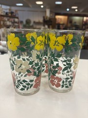 Set of 3 Fostoria Chinetz Floral Green, Pink, & Yellow Tumbler Drinking Glasses