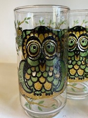 Vintage Libbey Tumblers MCM Owls On Tree Stained Glass Look Drinking Glass Set 5