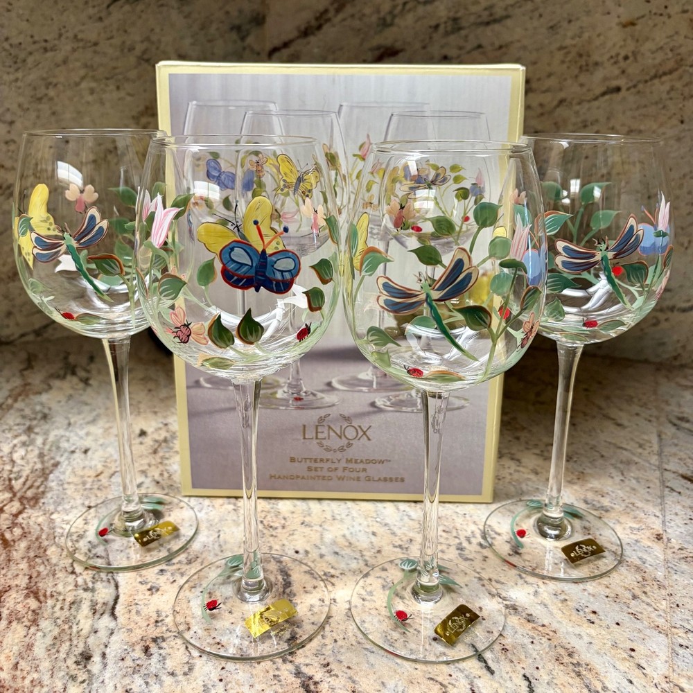 Set of 4 Lenox Butterfly Meadow Hand Painted Wine Glasses Goblets 9 1/4 Inch