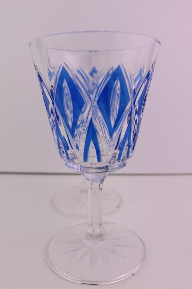 Cobalt Cut to Clear Wine Glasses Diamonds Multisided Stem Starburst Foot
