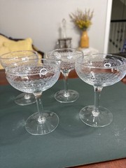 Set of 4 Antique Fostoria Large Cloverleaf Needle Etched Champagne Coupe Glasses