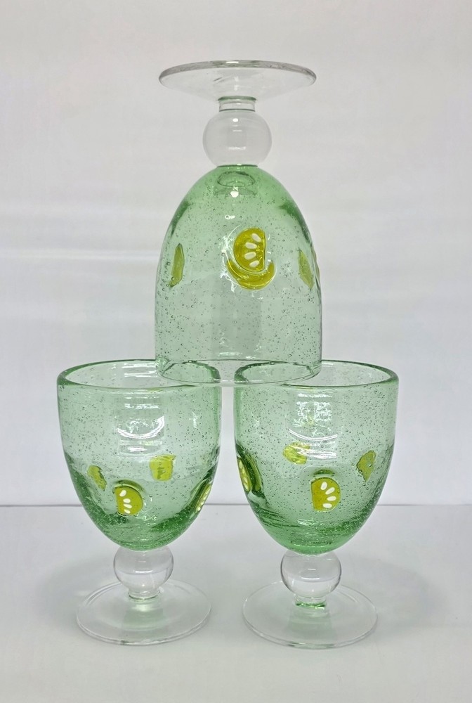 Set Of 3 Green Seeded Bubble Glass Goblets With Lemon Slices & Clear Ball Stem