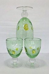 Set Of 3 Green Seeded Bubble Glass Goblets With Lemon Slices & Clear Ball Stem