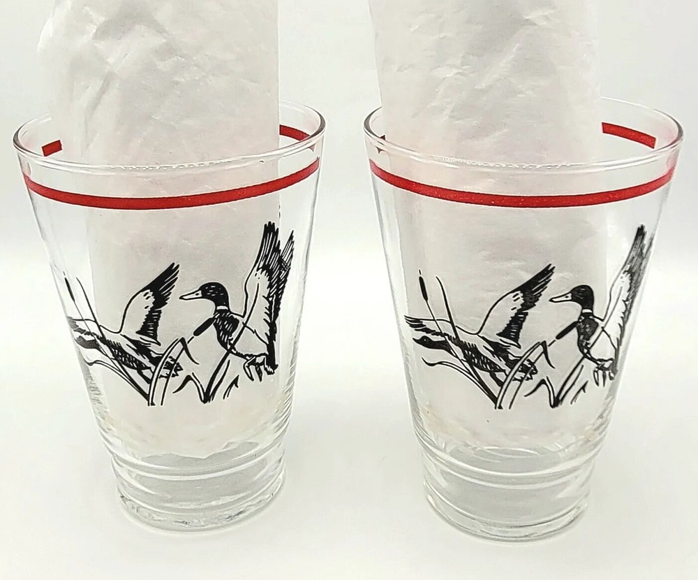 Pair Vintage Glass Libby Ducks In Flight Cattail Drinking Tumblers Highball 12oz