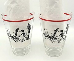 Pair Vintage Glass Libby Ducks In Flight Cattail Drinking Tumblers Highball 12oz