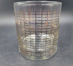 Set Of 4 Vintage Mid-Century Culver Double Old Fashioned Glasses Gold Grid Corn