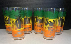 Set 6 Palm Tree Tropical Tiki Drink Glass Highball Vtg Tumblers Colorful 6″