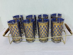 Vtg Set 8 Pasinski MCM Barware 22K Gold Blue Seville Highball Tumbler Glass Rack