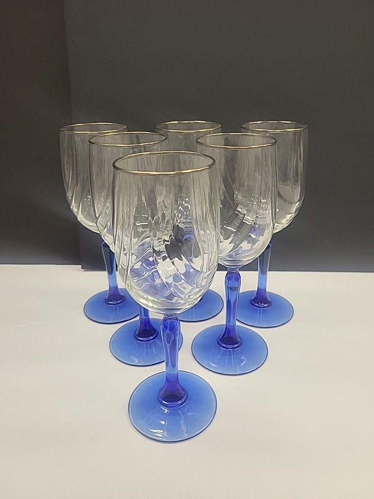 Crystal Blue Libbey Arby’s Drape Optic Blue Stem 8″ Glass Set Of 6