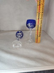 Pair Vintage Cobalt Blue Cut to Clear Crystal Cordial Liqueur Glasses 4.75″ tall