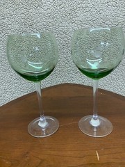 Green Glass Balloon Wine Goblet (s) Polka Dot LOT OF 2 Clear Stem Lenox/Mikasa?