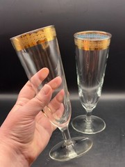 2 MCM Federal Glass Gold Rim Turquoise Underlay – 8.25″ Tall PILSNERS – HTF