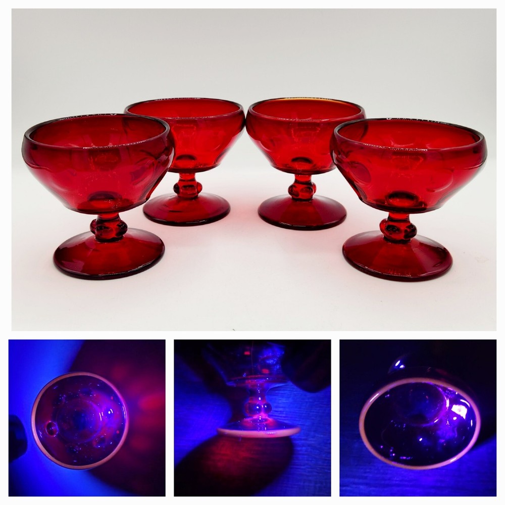 4 Ruby Sunset Popeye Olive Polka Dot Paden City Glass Sherbet Champagne GLOWS