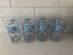Beautiful Vintage Crisa Drinking Glasses Set Of 4 Blue Rose Floral 6” Tall