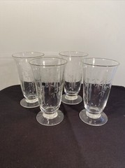 Four Vintage Noritake Footed Tumblers Bamboo Etched Glass MCM Tiki Japan