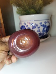 Set Of Two Red Small Vases /Pitcher Handles and Dimples Handblown Glass