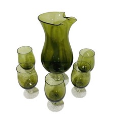 Vintage Sasaki Cocktail Set Green Art Glass Pitcher Decanter & 5 Wine Glasses