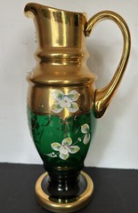 Vtg Bohemian Emerald Green 24k Gold Pained Flowers Water Pitcher & Glass Set