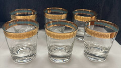 Vintage MCM Gold & Turquoise Rocks Glasses Set of 6 Weighted Lowball Whiskey 6