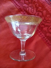 ANTIQUE FLORAL LACE GOLD RIMMED WAVY FOOTED SHERBET/DESSERT/CORDIAL GLASS~VEUC