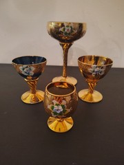 4 Murano 24K Gold Glasses Goblets Cordial Hand Painted Raised Flowers