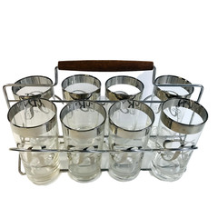 MCM Set 8 Highball Silver Rim Glasses in CADDY-Monogram «R»-Dorothy Thorpe Style