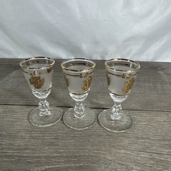 VTG Set of 3 Gold Leaf Libby Frosted Stemmed Cordial Shot Glasses 3.5 x 1.5
