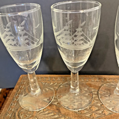 Etched Clipper Ship Cordial Glasses 5 3/4″ tall set of 4