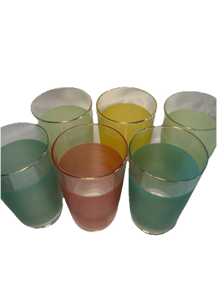 Vtg Gold Rim Set Of 6 Glass Tumblers Frosted MCM 5.25” Barware Summer Yellow Red
