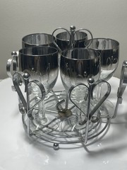 Vitreon Queen’s Lusterware Wine Glasses (5) w/ Chrome Heart Caddy, Silver Ombre