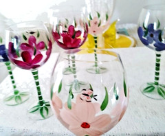 7 Balloon Wine Glasses Dainty Long Stem Hand Blown & Painted Florals 8″ 16 oz.