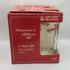 Vtg Set Of 4 poinsettia & Ribbons Tumblers/Ice Tea Glasses Anchor Hocking 16 Oz