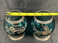 VTG SET 2 BOHEMIAN SILVER OVERLAY SMOKY GREEN BRANDY COGNAC SNIFTERS BIRD WOLF