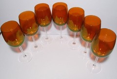 Amber Orange Clear Stem Set of 7 Wine / Water Crystal Luster Goblets 8-1/2” Tall