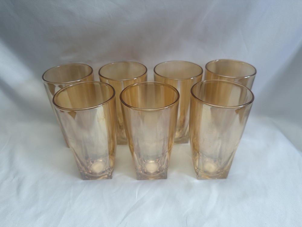 Vintage Jeanette Glass Peach Lustre Tumblers Square Base 1960s Set of 7
