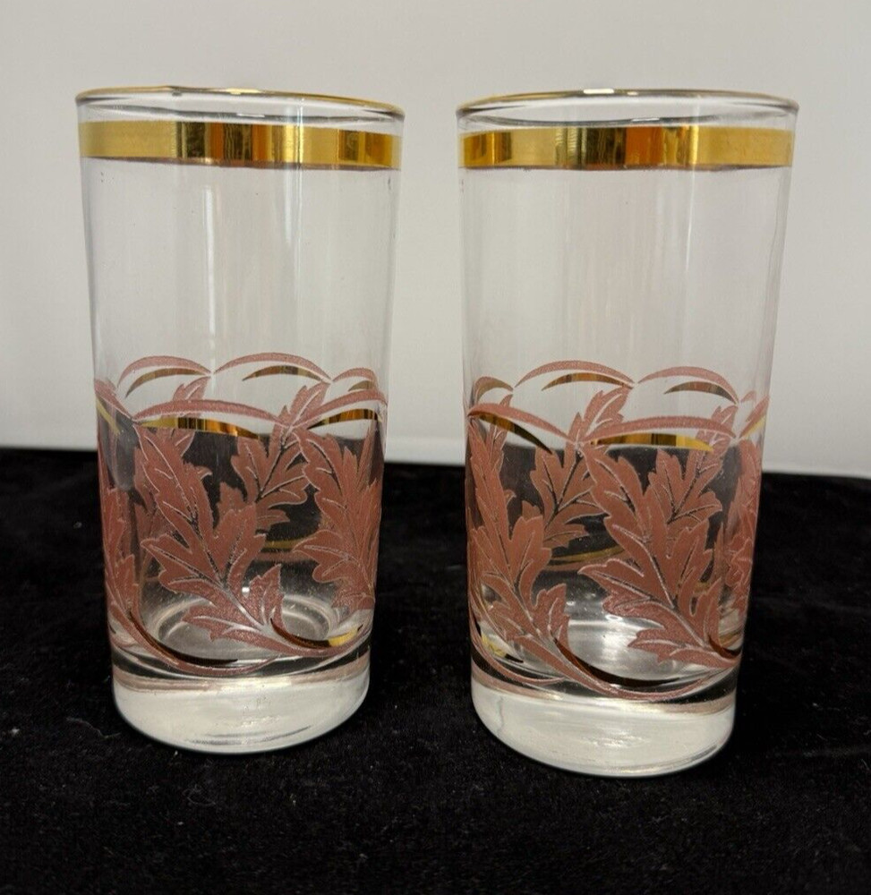 Libbey Pink & Gold Fern Glaze Drinking Glasses MCM Set of 2 Vintage