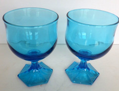 2 Anchor Hocking Flair Blue Laser Multi Sided Foot Champagne Tall Sherbet 4 5/8″