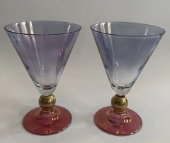 2 VTG Iridescent Wine Cocktail Glasses Golden Ball Step Cristallerie Si-An ITALY