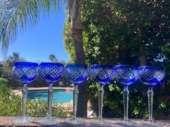 Fifth Ave Bohemian Cobalt Blue Cut to Clear Hock Wine Glasses Set of 6